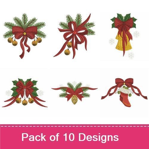 Classic Christmas Embroidery Designs Bundle – Pine Cone with Bells, Christmas Bells with Ribbon, Gift with Bow & More (10 Designs)