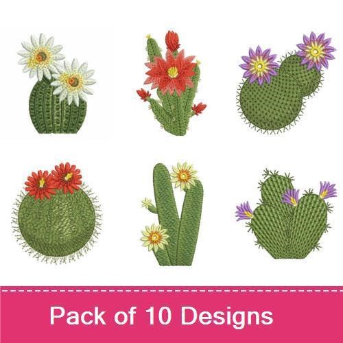 Blooming Cacti Embroidery Bundle – Cactus with Red Flower, Cactus with Yellow Flower, Cactus Group with Flowers & More (10 Designs)