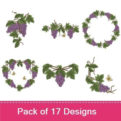 Grape Vine Embroidery Bundle – Grape Vine Wreath, Cluster of Grapes with Leaves, Grapes with Bees & More (17 Designs)