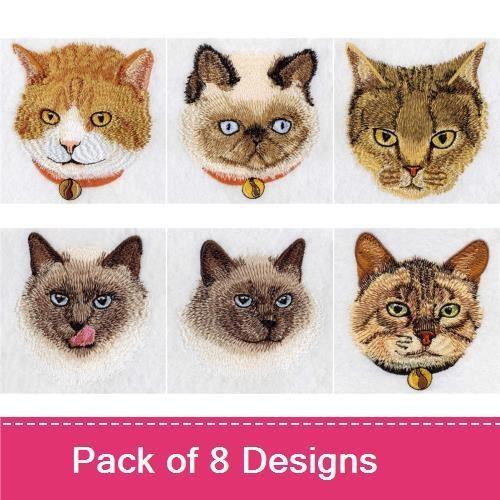 Realistic Cat Faces Embroidery Designs Bundle – Orange Tabby, Siamese, Persian & More (8 Designs)