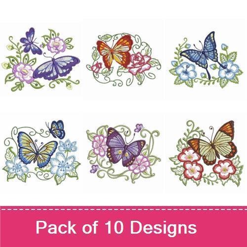 Butterfly & Floral Embroidery Designs Bundle – Purple, Blue, Red Butterflies & More (10 Designs)