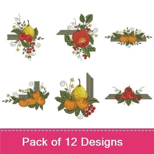 Fruit and Vine Embroidery Designs Bundle – Grapes, Pineapple, Apple, Orange & More (12 Designs)