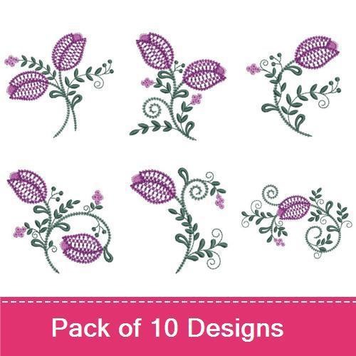 Floral Embroidery Designs Bundle – Purple Tulip with Leaves, Tulip Bouquet, Single Purple Tulip & More (10 Designs)