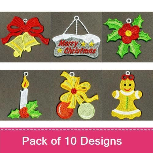 FSL Festive Christmas Ornaments Embroidery Designs Bundle – Bell, Candle, Snowman & More (10 Designs)