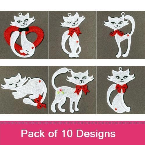 FSL Charming White Cats Embroidery Bundle – Cat with Heart, Cat Holding Heart, Cat with Ribbon & More (10 Designs)