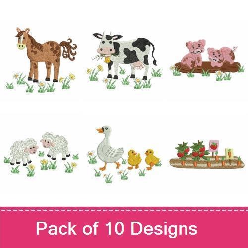 Farmyard Animals Embroidery Bundle – Barn, Scarecrow, Horse, Cow & More (10 Designs)