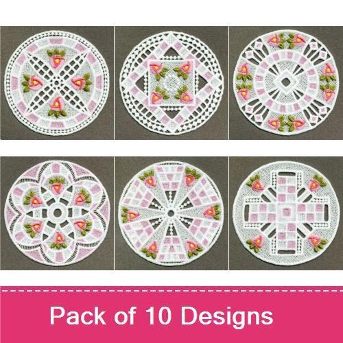 FSL Pink Rose Lace Embroidery Designs Bundle – Lace Rose Doily 1, Lace Rose Doily 2, Lace Rose Doily 3 & More (10 Designs)