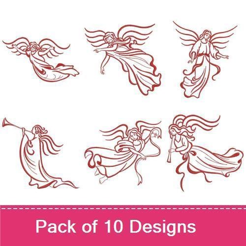 Redwork Elegant Angels Embroidery Designs Bundle – Angel with Flowing Robe, Angel in Flight, & More (10 Designs)