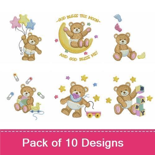 Adorable Baby Bears Embroidery Designs Bundle – Baby Bear with Balloons, Baby Bear with Rattle, & More (10 Designs)