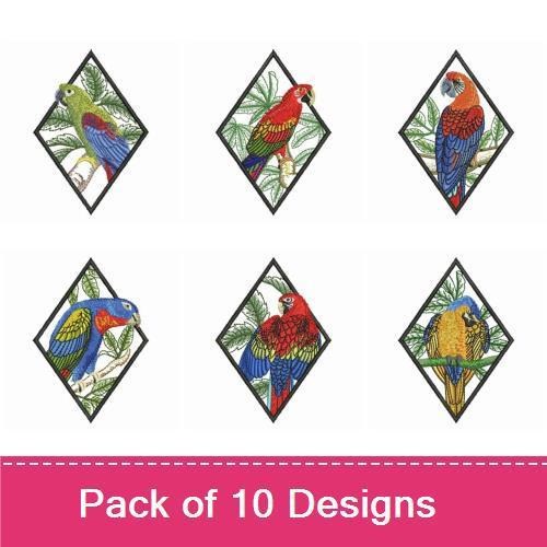 Tropical Parrots Embroidery Designs Bundle – Scarlet Macaw, Blue-and-yellow Macaw, Green-winged Macaw & More (10 Designs)