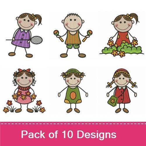 Children Playing Embroidery Designs Bundle – Girl with Butterfly Net, Boy Holding Balloons, Girl Among Flowers & More (10 Designs)