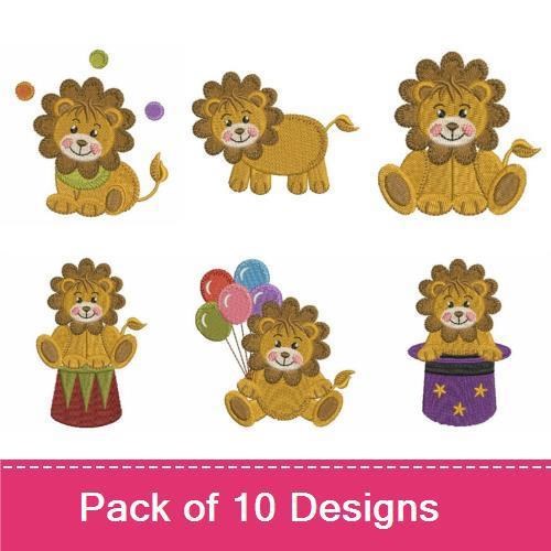 Lion Cub Embroidery Bundle – Lion Cub with Balloons, Soccer Ball, Drum & More (10 Designs)