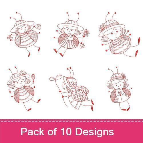 Redwork Ladybug Kid Embroidery Bundle – Ladybug Girl with Flower, Happy Ladybug Kid & More (10 Designs)