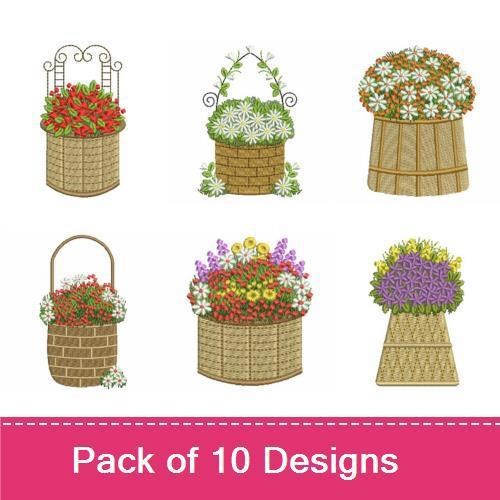 Floral Baskets Embroidery Designs Bundle – Flower Basket with Wildflowers, Hanging Basket with Flowers & More (10 Designs)