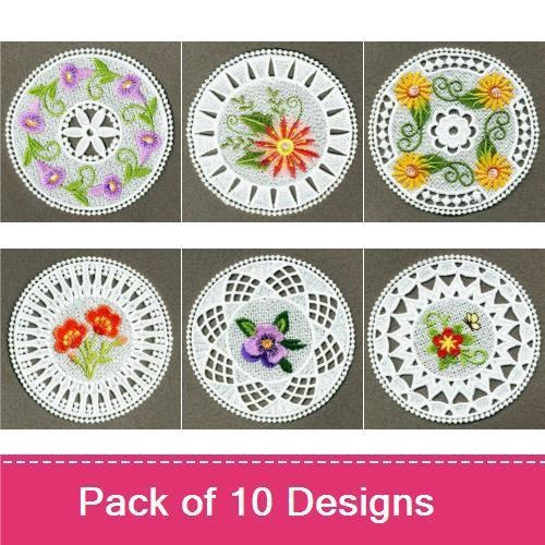FSL Floral Lace Doily Embroidery Bundle – Round Doilies with Violets, Red Flowers, Yellow Flowers & More (10 Designs)