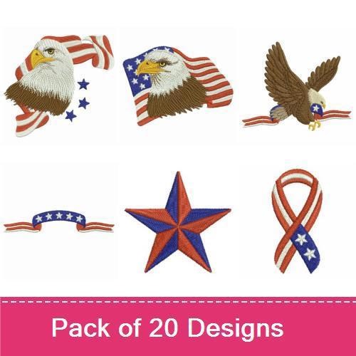 Patriotic USA Embroidery Designs Bundle – Bald Eagle, USA Flag, Top Hat & More (20 Designs)