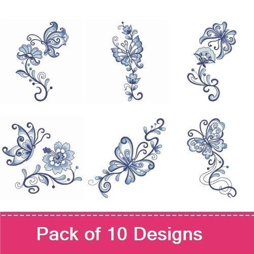 Blue Jacobean Floral Butterfly