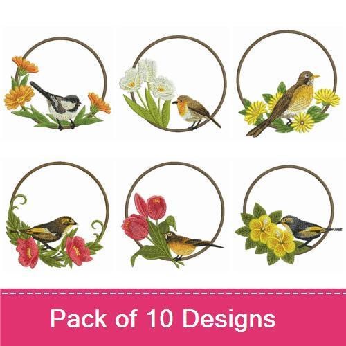 Birds and Blooms Embroidery Designs Bundle – Robin with Flowers, Chickadee with Blooms, Floral Bouquet 1 & More (10 Designs)