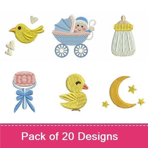 Baby-Themed Embroidery Designs Bundle – Baby Letters, Cupcake with Baby Face, Baby Bottle & More (20 Designs)