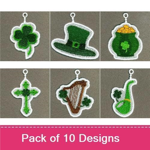 FSL St. Patrick's Day Charms Embroidery Bundle – Shamrock, Leprechaun Hat, Pot of Gold & More (10 Designs)