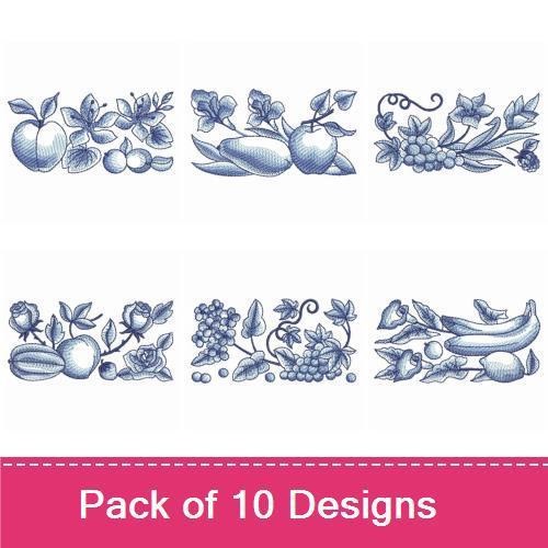 Redwork Vintage Fruit Embroidery Designs Bundle – Pear with Flowers, Blue Apple, Floral Arrangement & More (10 Designs)