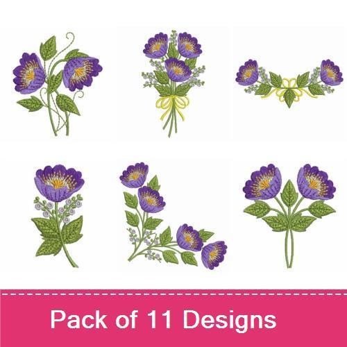 Floral Bouquet Embroidery Bundle – Purple Flowers, Elegant Floral Vine, Cluster of Purple Flowers & More (11 Designs)