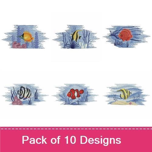 Tropical Fish Embroidery Designs Bundle – Clownfish, Blue Tang, Yellow Tang & More (10 Designs)