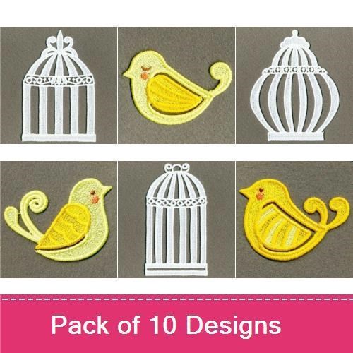 FSL Birdcage & Feathered Friends Embroidery Bundle – White Birdcage, Yellow Bird, Red Bird & More (10 Designs)