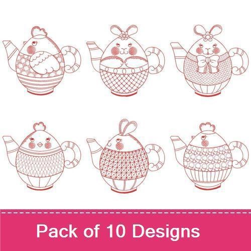 Redwork Farm Animal Teapots Embroidery Designs Bundle – Chicken, Duck, Pig, Sheep & More (10 Designs)