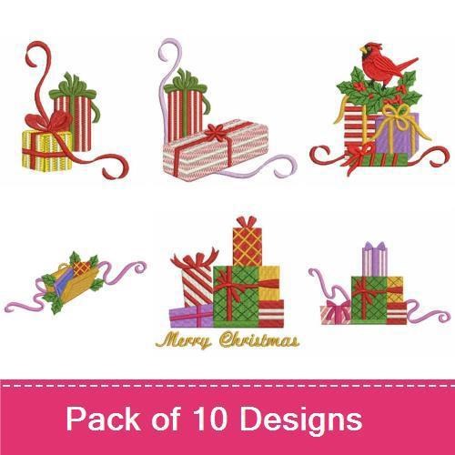 Christmas Gifts & Decorations Embroidery Designs Bundle – Stack of Christmas Gifts, Merry Christmas Text, Cardinal with Holly & More (10 Designs)