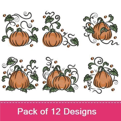Fall Pumpkin Embroidery Bundle – Pumpkin with Vines, Ornamental Pumpkin, Decorative Pumpkin & More (12 Designs)