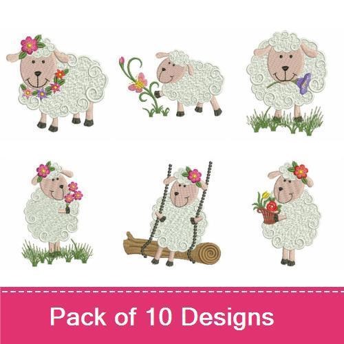 Cute Sheep Embroidery Bundle – Sheep with Flowers, Gifts, Heart, Balloons & More (10 Designs)