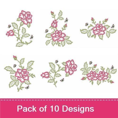 Floral Embroidery Designs Bundle – Elegant Pink Rose with Leaves, Pink Rose with Butterflies, Cluster of Pink Roses & More (10 Designs)