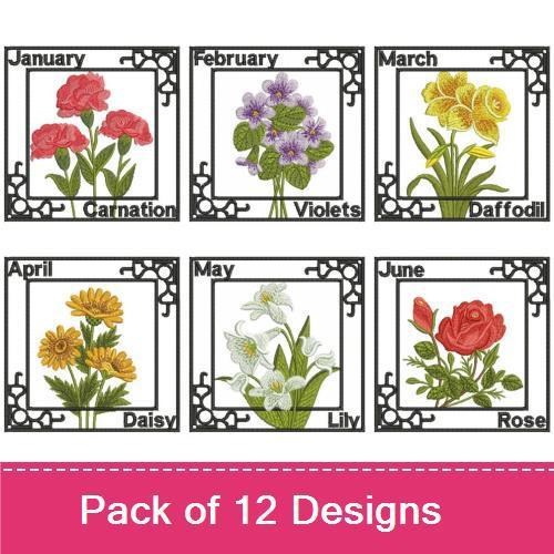 Floral Birth Month Flowers Embroidery Designs Bundle – January Carnation, February Violet, March Daffodil & More (12 Designs)