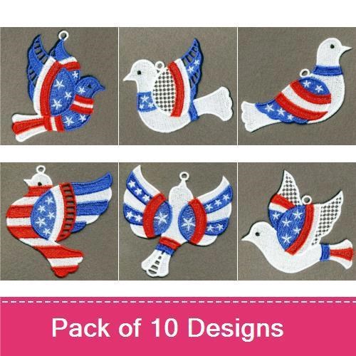 FSL Patriotic Doves Embroidery Bundle – Dove with Flag, Star Spangled Dove, Dove in Flight & More (10 Designs)