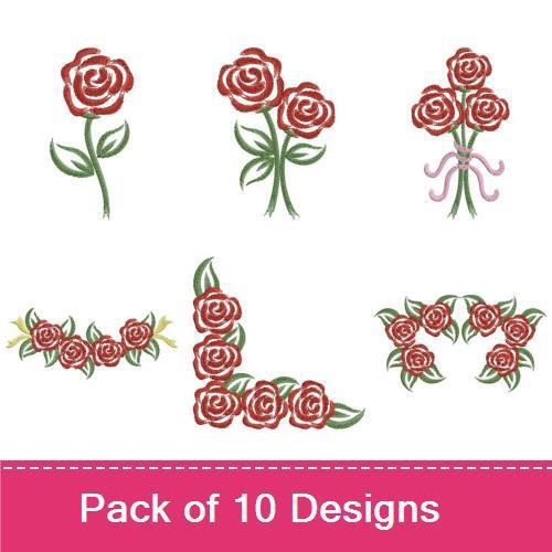 Redwork Elegant Red Rose Embroidery Designs Bundle – Heart with Roses, Single Rose, Floral Letter L & More (10 Designs)