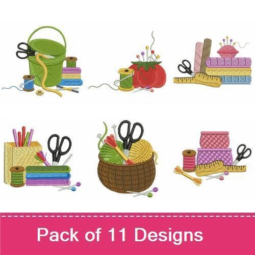 Sewing Tools & Supplies Embroidery Designs Bundle – Scissors in a Basket, Spools of Thread, Measuring Tape & More (11 Designs)