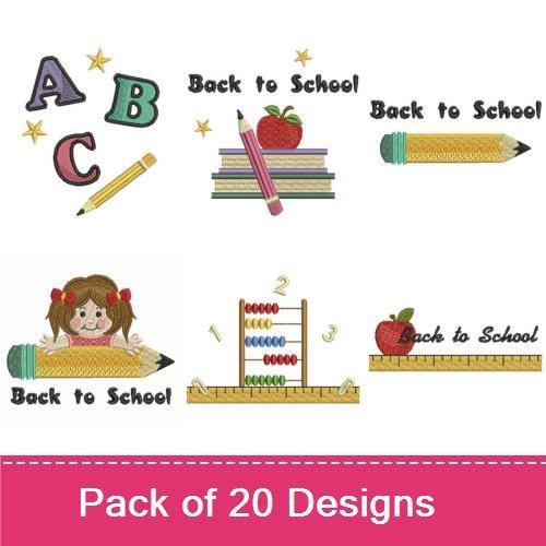 Back to School Embroidery Designs Bundle – Back to School Text, Apple with Books, ABC Letters & More (20 Designs)