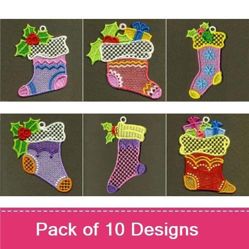 FSL Colorful Christmas Stockings Embroidery Designs Bundle – Purple & Yellow, Red & Green, Multi-color & More (10 Designs)