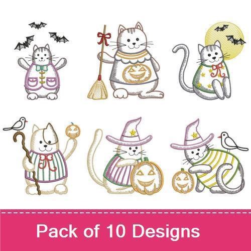 Redwork Halloween Cats Embroidery Bundle – Cat with Pumpkin, Cat in Witch Hat, Cat with Broom & More (10 Designs)