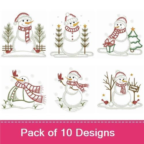 Snowman Embroidery Designs Bundle – Snowman with Sign, Red Birds, Tree & More (10 Designs)