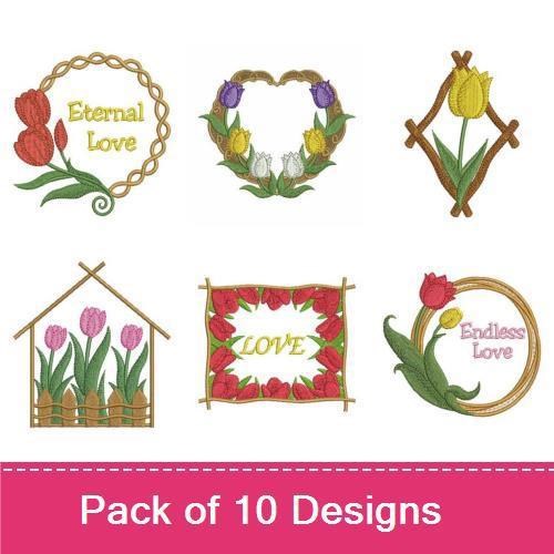 Tulip-themed Embroidery Bundle – Tulip Wreath with Eternal Love, Tulip Bouquet, Basket of Tulips & More (10 Designs)