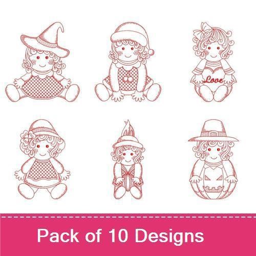 Redwork Holiday Ragdolls