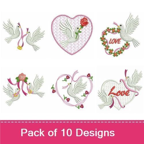 Romantic Doves Embroidery Bundle – Doves with Rings, Rose Heart, Dove with Love & More (10 Designs)