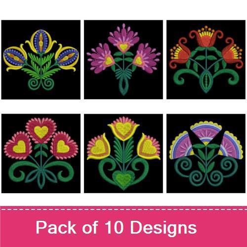 Folk Floral Embroidery Designs Bundle – Floral Bouquet, Multi-Color Floral, Pink Flower Bouquet & More (10 Designs)