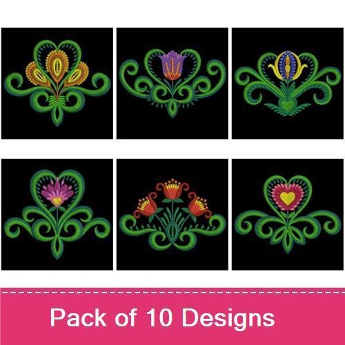 Folk Floral Embroidery Designs Bundle – Folk Heart, Multi-Colored Petals, Floral Arrangement & More (10 Designs)