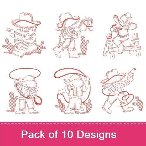 Redwork Cowboy Embroidery Designs Bundle – Cowboy with Lasso, Cowboy on Horse, Cowboy Playing Guitar & More (10 Designs)