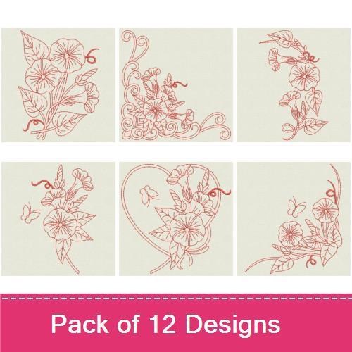 Redwork Morning Glory Embroidery Designs Bundle – Morning Glory Bouquet, Butterflies with Morning Glory & More (12 Designs)