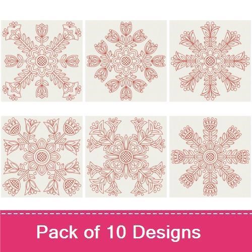 Redwork Floral Snowflakes Embroidery Bundle – Floral Snowflake 1, Floral Snowflake 2, Floral Snowflake 3 & More (10 Designs)