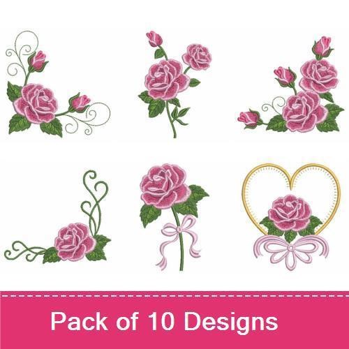 Pink Rose Embroidery Designs Bundle – Elegant Pink Rose Bouquet, Single Pink Rose, Rose Border & More (10 Designs)